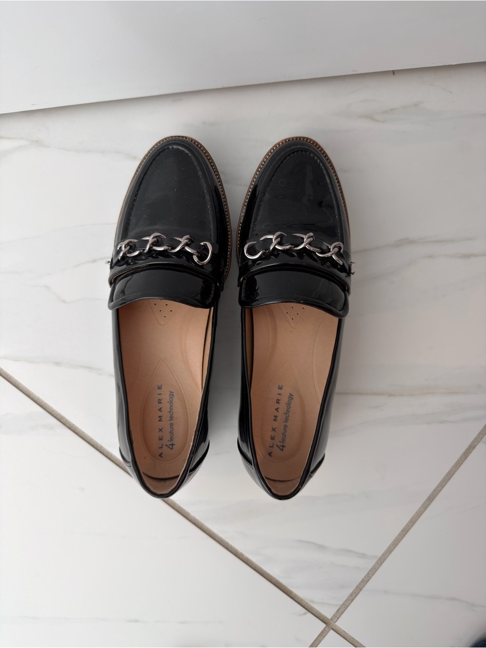 Alex Marie Grensley Black Patent Loafers with Silver Chain Accent